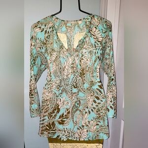 Sunny Leigh Aqua, Pleated, Olive & Cream Paisley Blouse Medium, Like New!